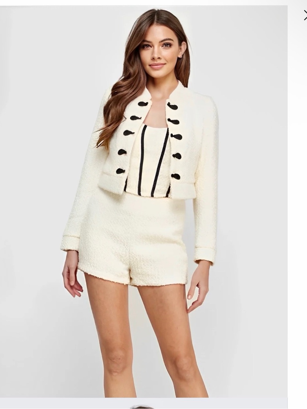Melrose With Love Cropped Cream Tweed Jacket, Bustier, and Shorts Set